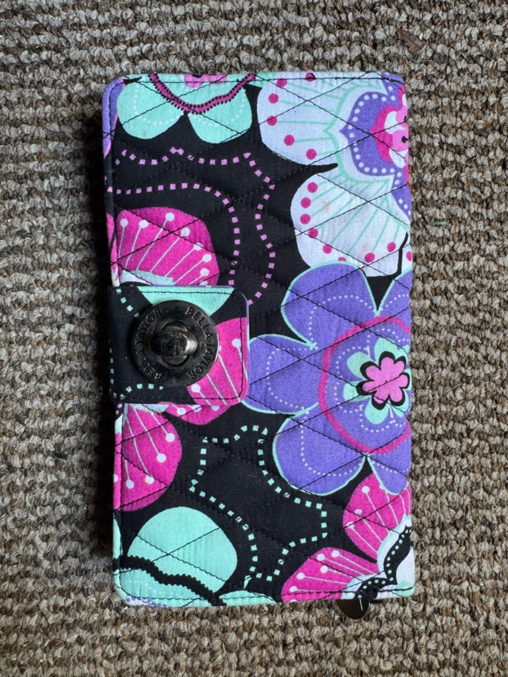 Floral Quilted Wallet - Black with Purple, Pink & Mint